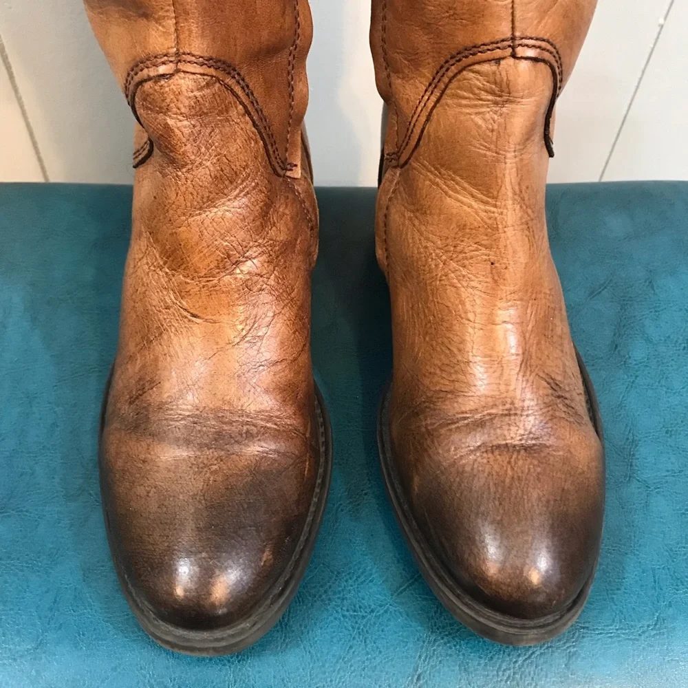 Vince Camuto Brown Leather Factory Distressed Embellished Heel Tall Boots 7.5 B - Picture 5 of 12